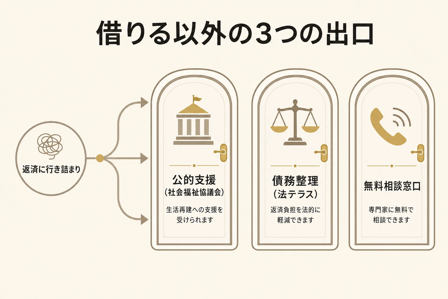 返済に行き詰まったときの借りる以外の3つの出口(公的支援・債務整理・無料相談窓口)を示した図