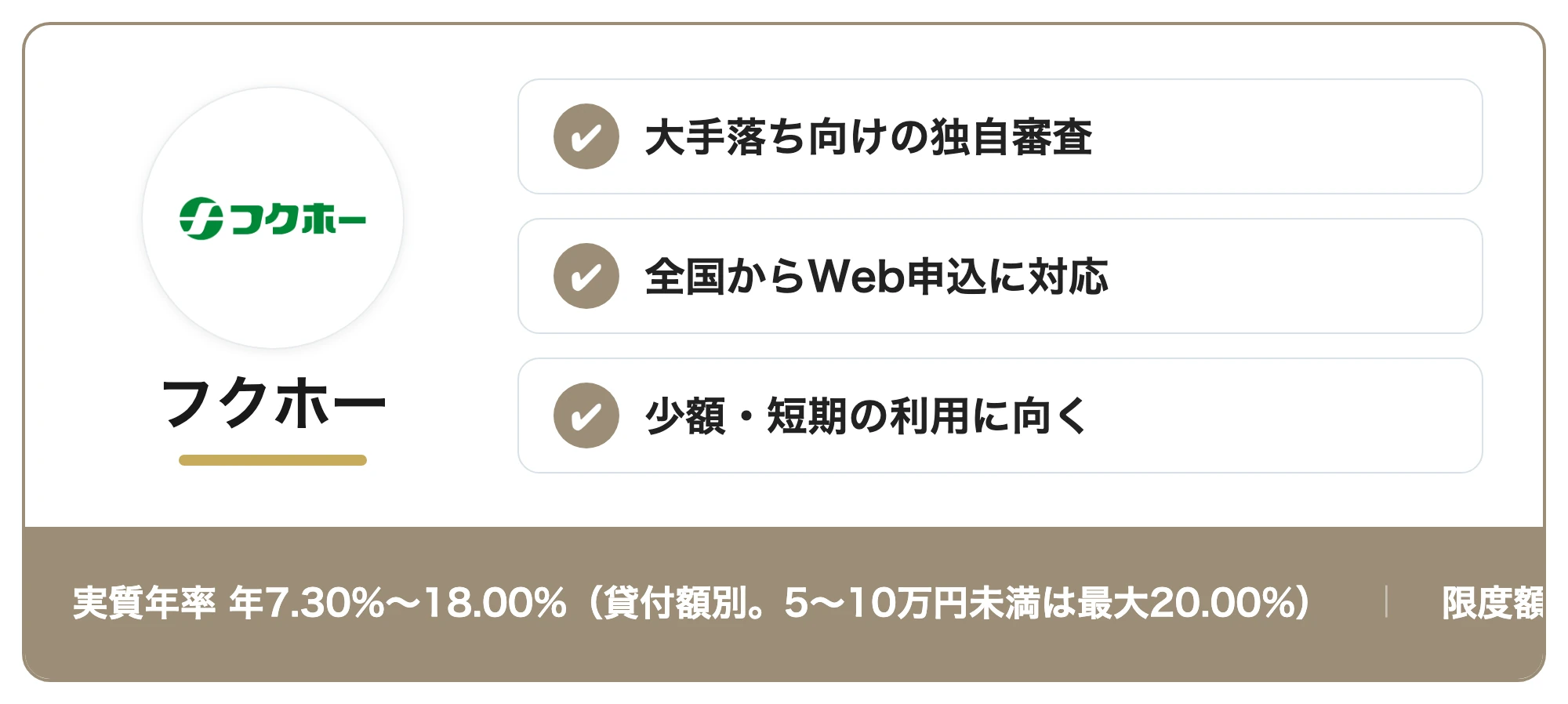 フクホーの商標カード:大手落ち向けの独自審査・全国からWeb申込に対応・少額・短期の利用に向く(実質年率年7.30%〜18.00%(貸付額別。5〜10万円未満は最大20.00%)・限度額最大200万円、2026年7月時点)