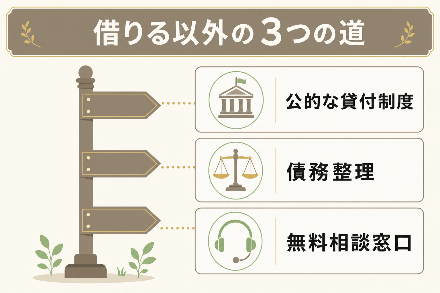 街金でも借りられないときの3つの選択肢を示す図。公的な貸付制度の利用・借入先への返済相談や債務整理・無料相談窓口の活用の3ルートを図解