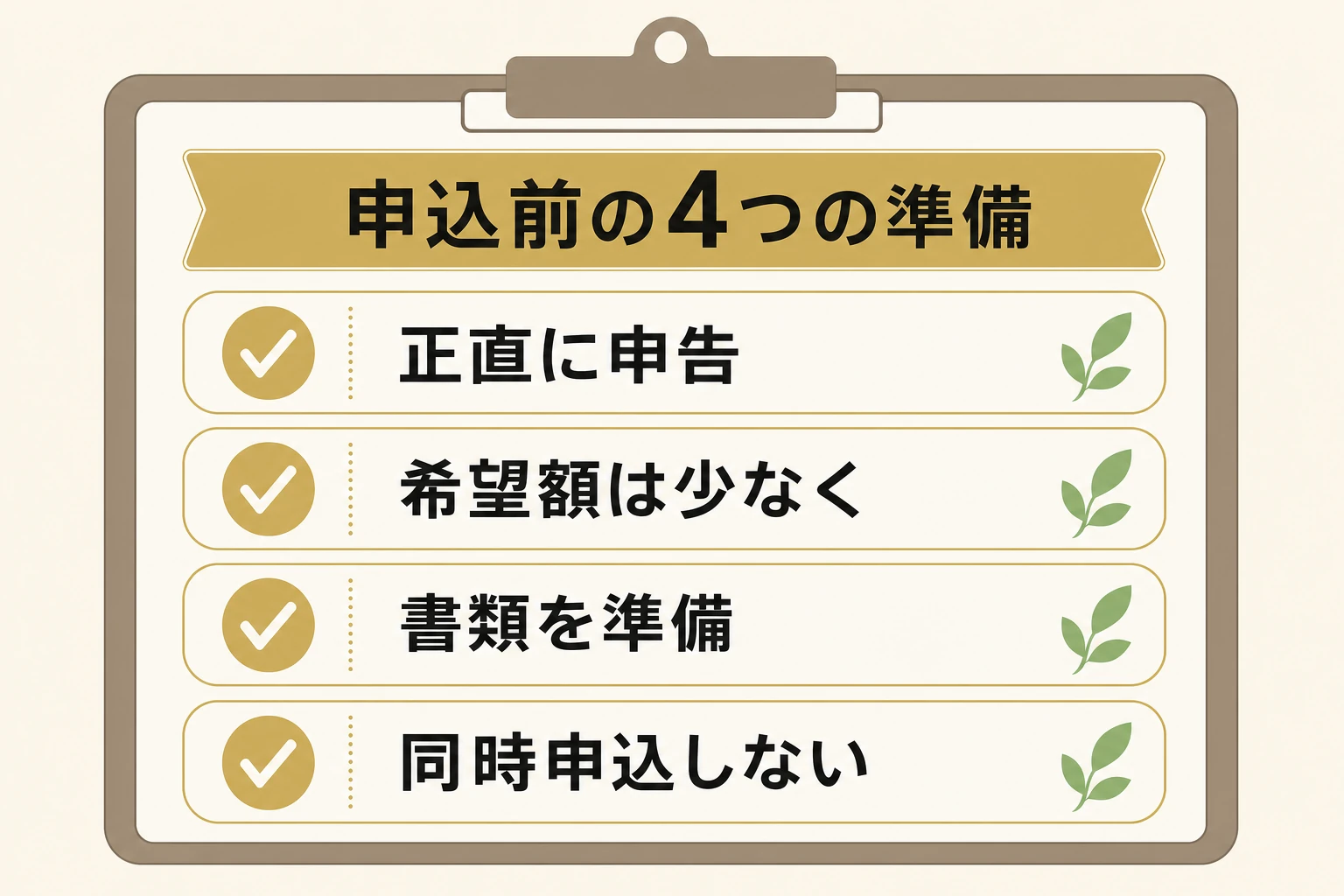 街金の審査に通りやすくするための申込前準備を示す図。申込内容の正直な申告・希望額を少額にする・必要書類を先にそろえる・同時申込をしないの4つのポイントを図解