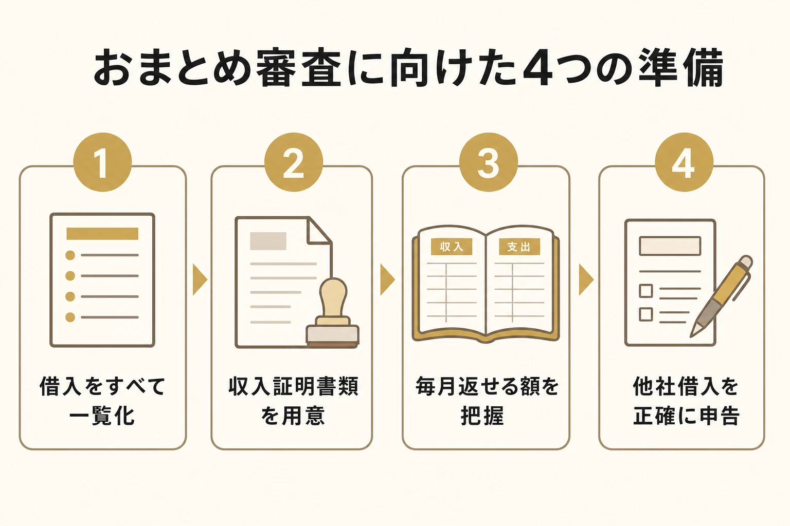おまとめ・借換え審査の前にやるべき4つの準備(借入の一覧化・収入証明の用意・返済可能額の把握・正確な申告)を示した図