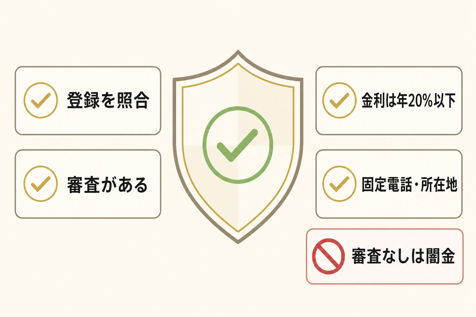 正規の街金と闇金を見分けるチェックポイントを示す図。貸金業登録の照合・法定金利の範囲・審査の有無・固定電話や所在地の確認の4点で見分けることを図解