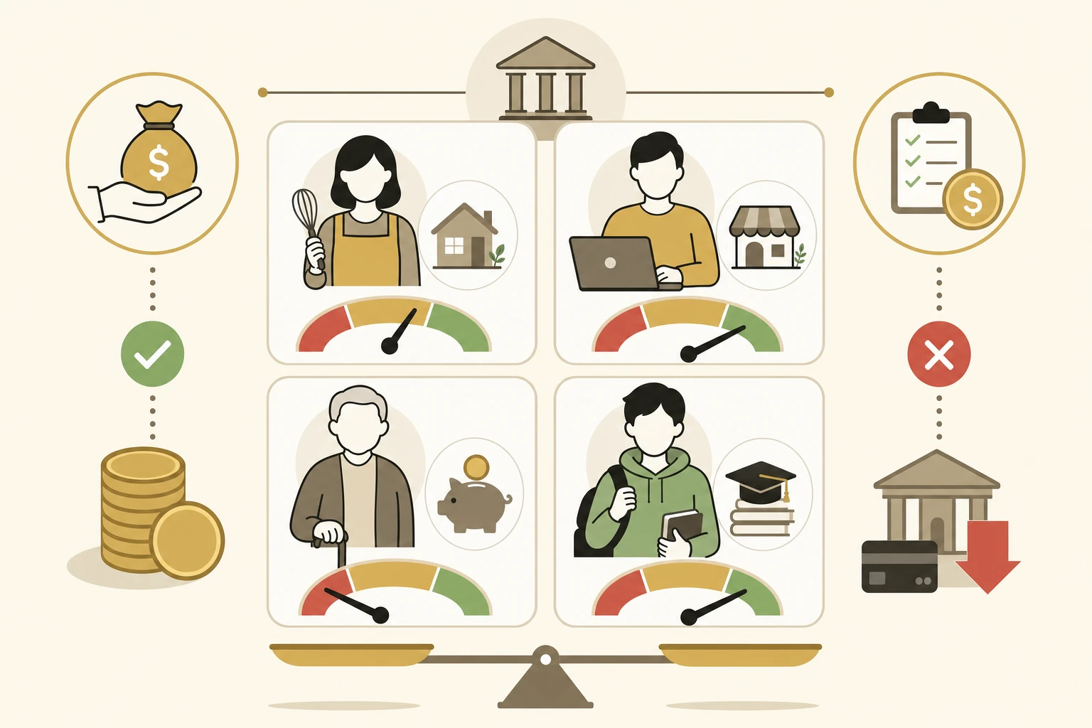 属性別に借入可否の考え方を整理した図。主婦・自営業/個人事業主・年金受給者・学生・無職それぞれの注意点をアイコンで示す