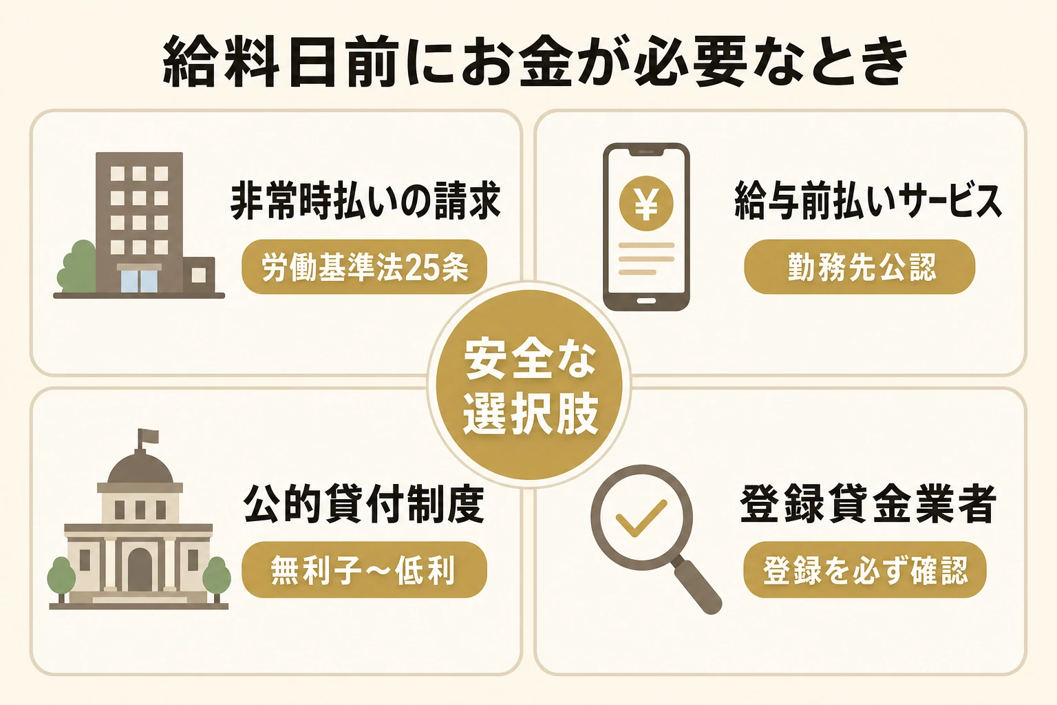 給料日前にお金が必要なときの安全な選択肢をまとめた図。勤務先への非常時払いの請求、勤務先公認の給与前払いサービス、公的貸付制度、登録貸金業者という4つの正規ルートを示す