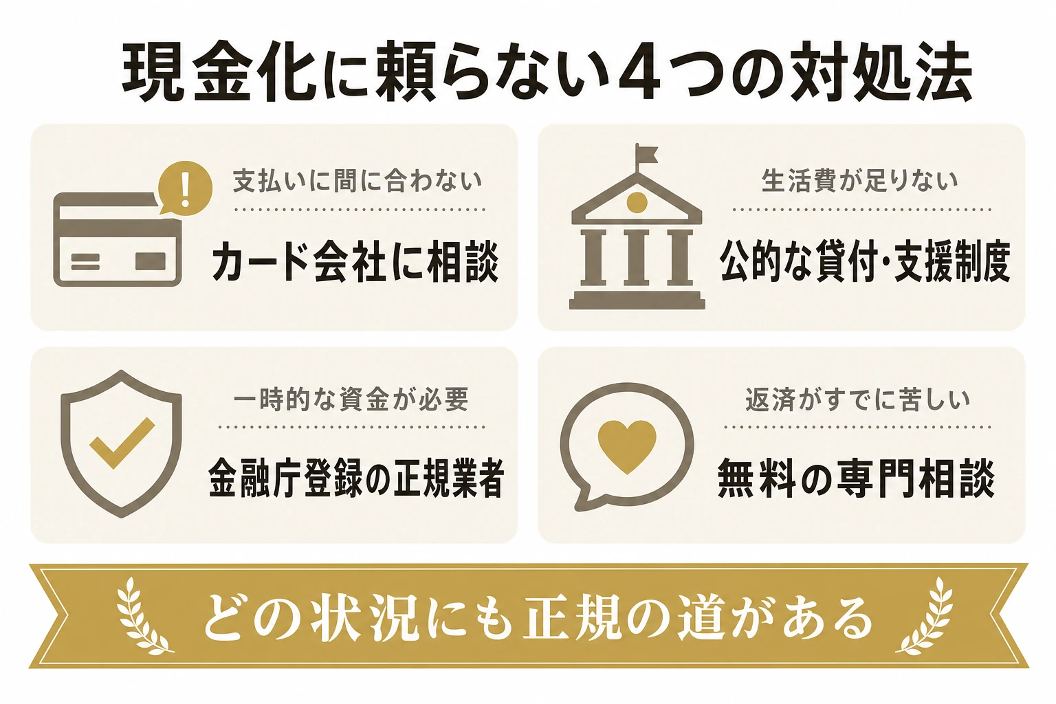 現金化に頼らないための4つの対処法マップ。支払いに困ったらカード会社へ相談、生活費が足りなければ公的な貸付制度、一時的な資金は金融庁登録の正規業者、返済が苦しければ無料の専門相談という4つの選択肢