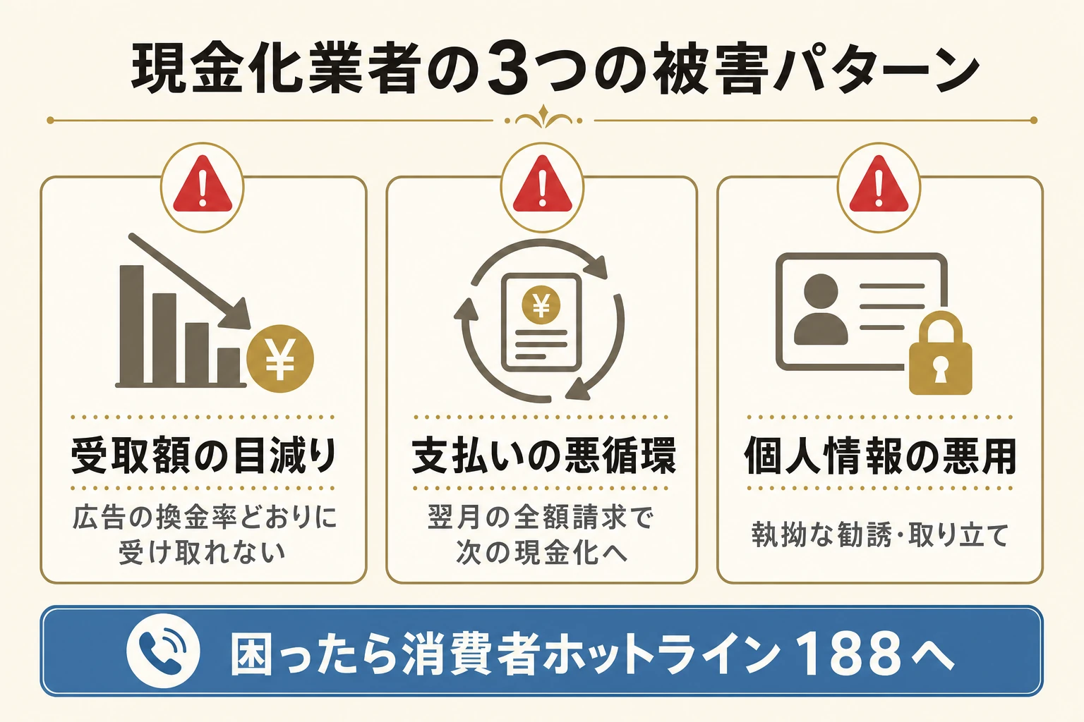 現金化業者の3つの被害パターンの警告図。受取額の目減り、支払いの悪循環、個人情報の悪用。困ったら消費者ホットライン188へ