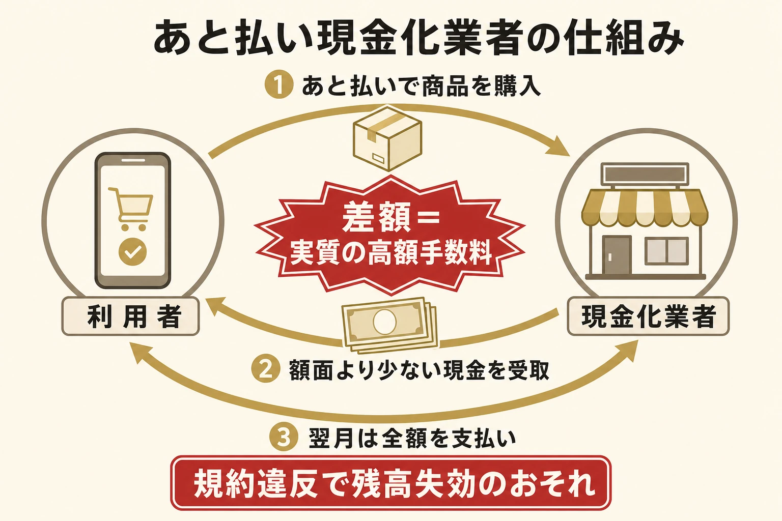あと払い現金化業者の仕組みの警告図。あと払いで商品を購入させ、額面より少ない現金を渡し、翌月に全額を支払わせる循環で、差額が実質の高額手数料になる