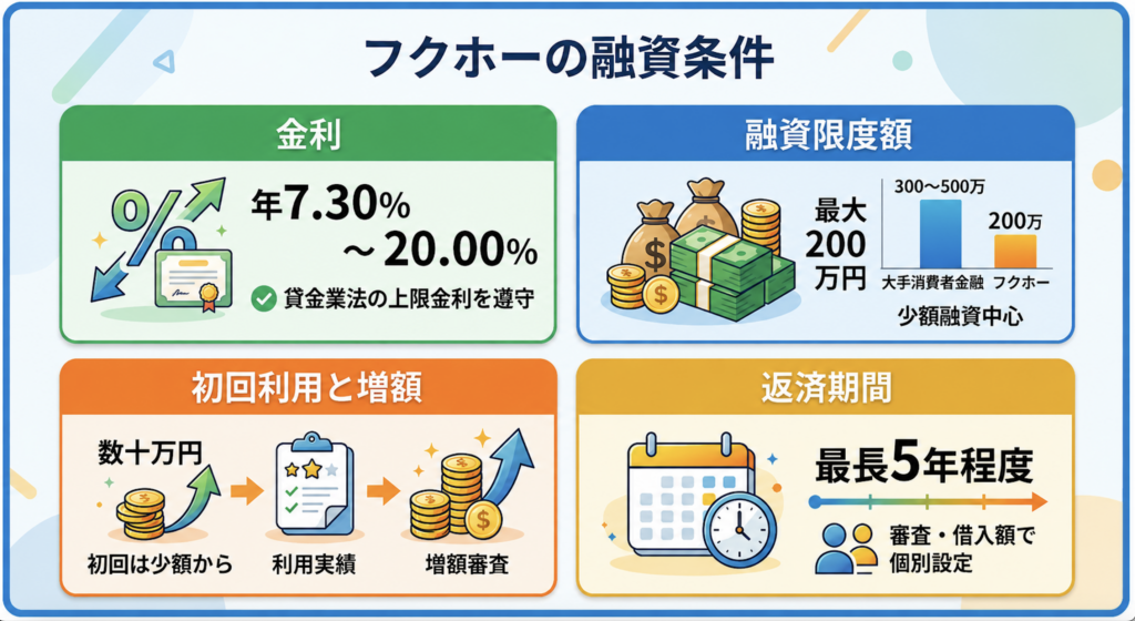 フクホーの融資条件（金利7.30％〜20.00％・限度額5万円〜200万円）