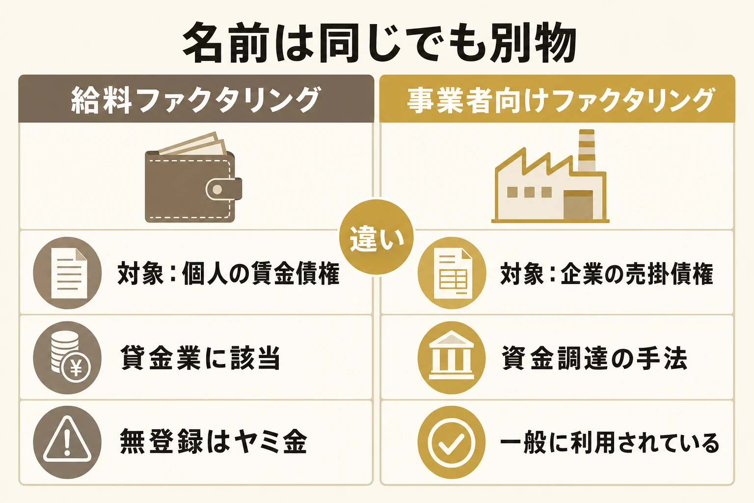 給料ファクタリングと事業者向けファクタリングの違いを対比した図。給料ファクタリングは個人の賃金債権が対象で貸金業に該当し違法性が高い一方、事業者向けは企業の売掛債権が対象で一般に資金調達手段として使われることを示す