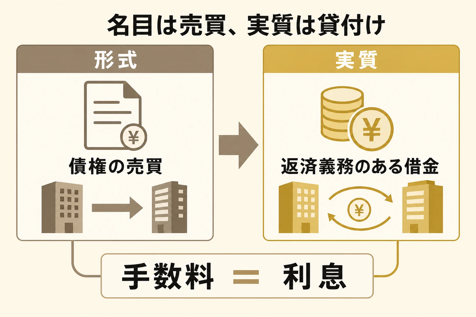 給料ファクタリングの形式と実質を対比した概念図。左側は「債権の売買」という形式、右側は「返済義務のある借金」という実質を示し、手数料が利息に相当することを表す