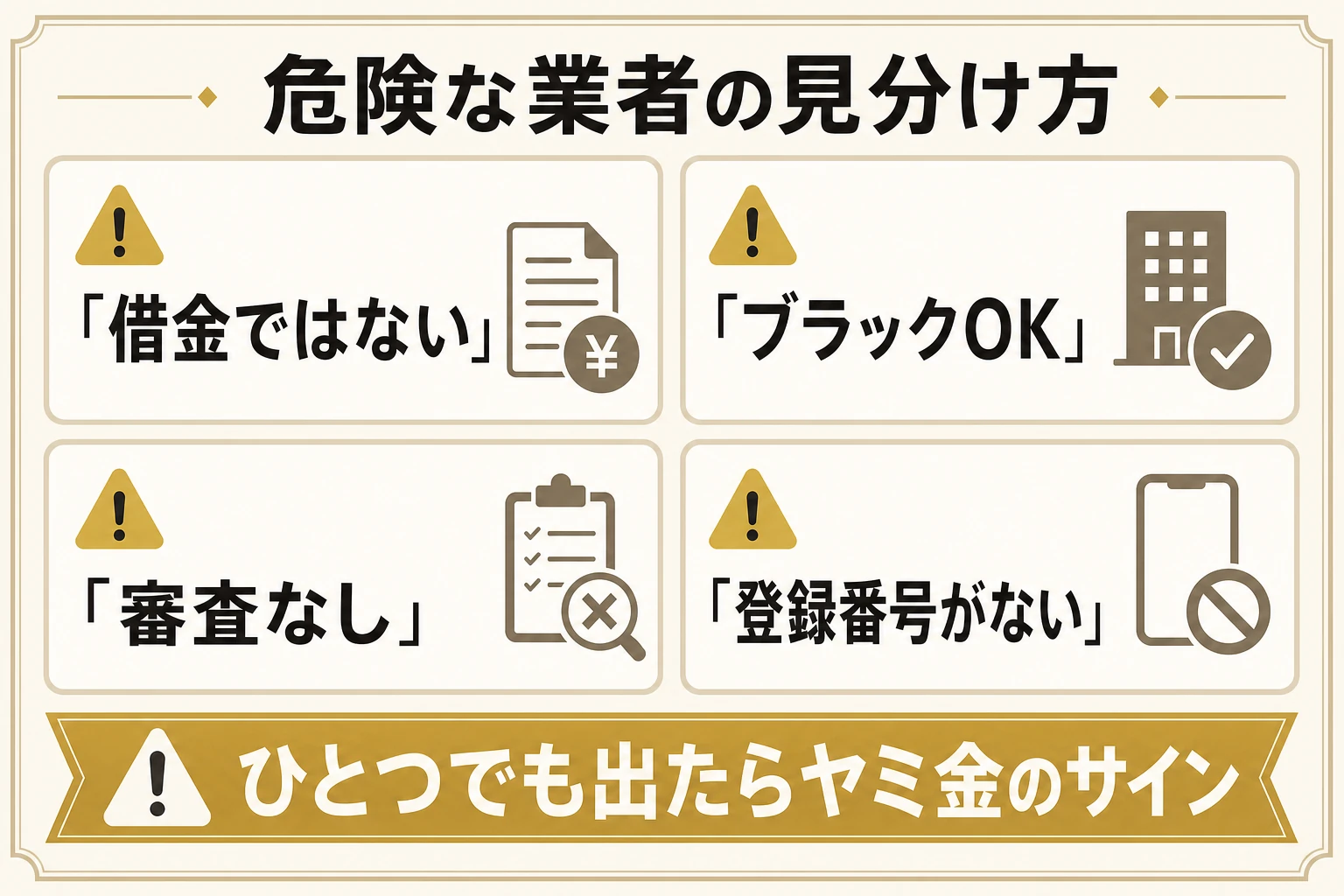 危険な業者を見分けるサインをまとめた図。「借金ではない」「ブラックOK」「審査なし」「貸金業の登録番号がない」という4つの宣伝文句がヤミ金融のサインであることを示す