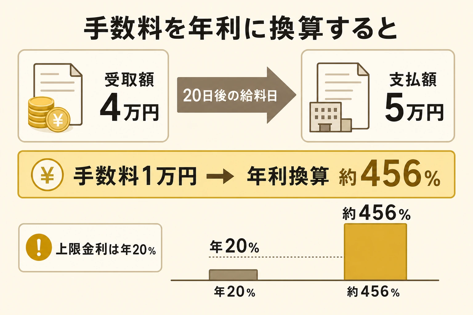 給料ファクタリングの手数料を年利に換算する考え方の図。4万円を受け取り20日後の給料日に5万円を支払う例で、手数料1万円が年利換算で約456パーセントの利息に相当することを示す