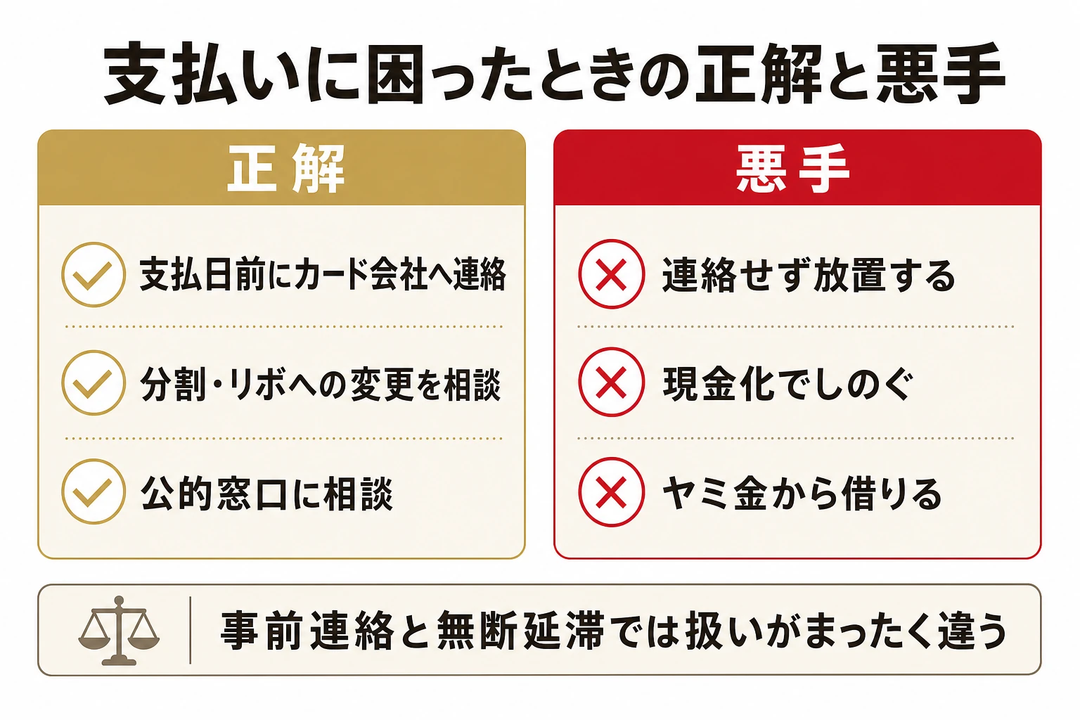カードの支払いに困ったときの正しい行動と避けるべき行動を対比した図解。支払日前にカード会社へ連絡し分割やリボへの変更を相談するのが正解で、放置・現金化・ヤミ金は状況を悪化させる悪手であることを示す