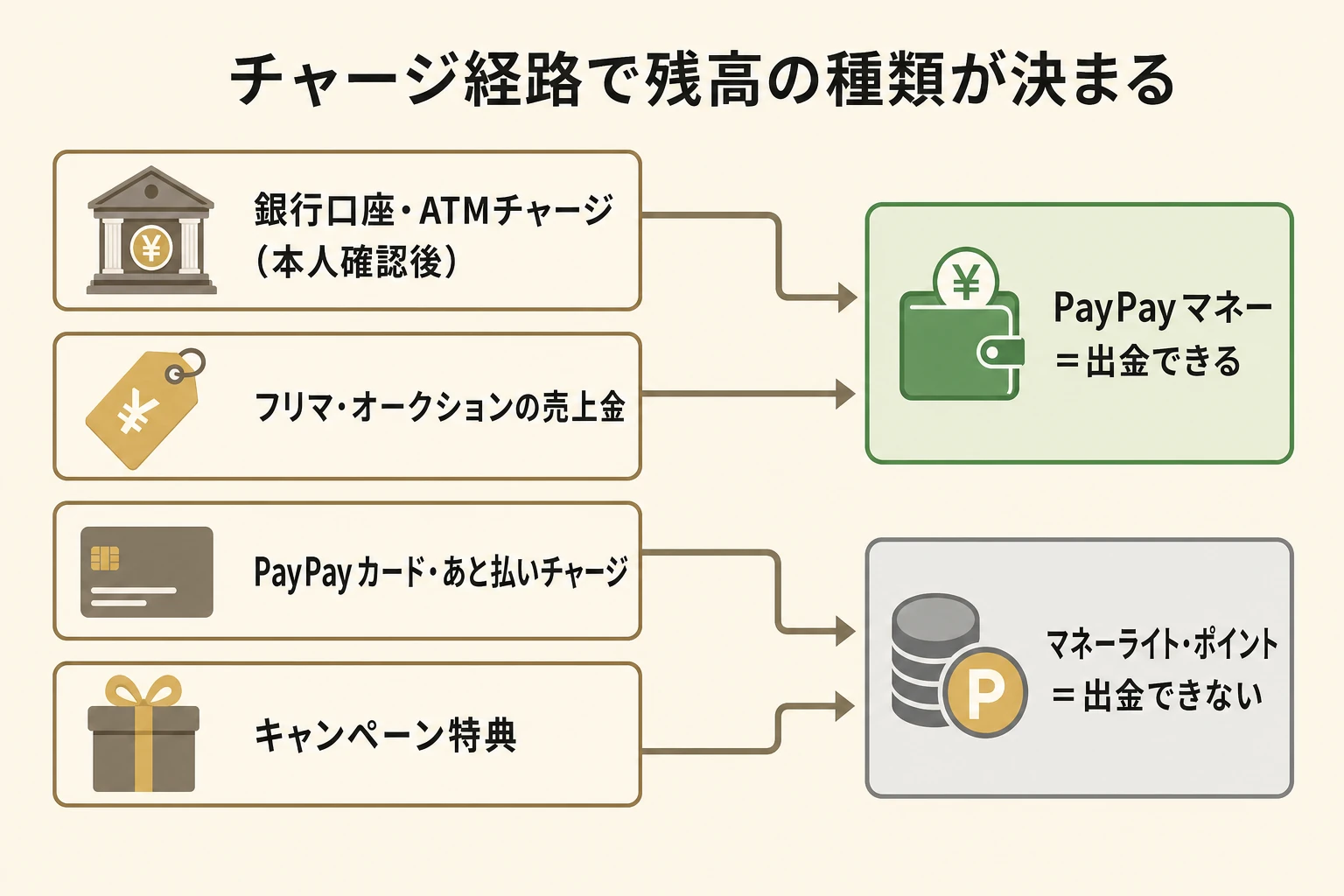 チャージ経路とPayPay残高種別の関係図。銀行口座やATM、売上金のチャージはPayPayマネーに、カード系チャージや特典はマネーライト・ポイントになり出金できない